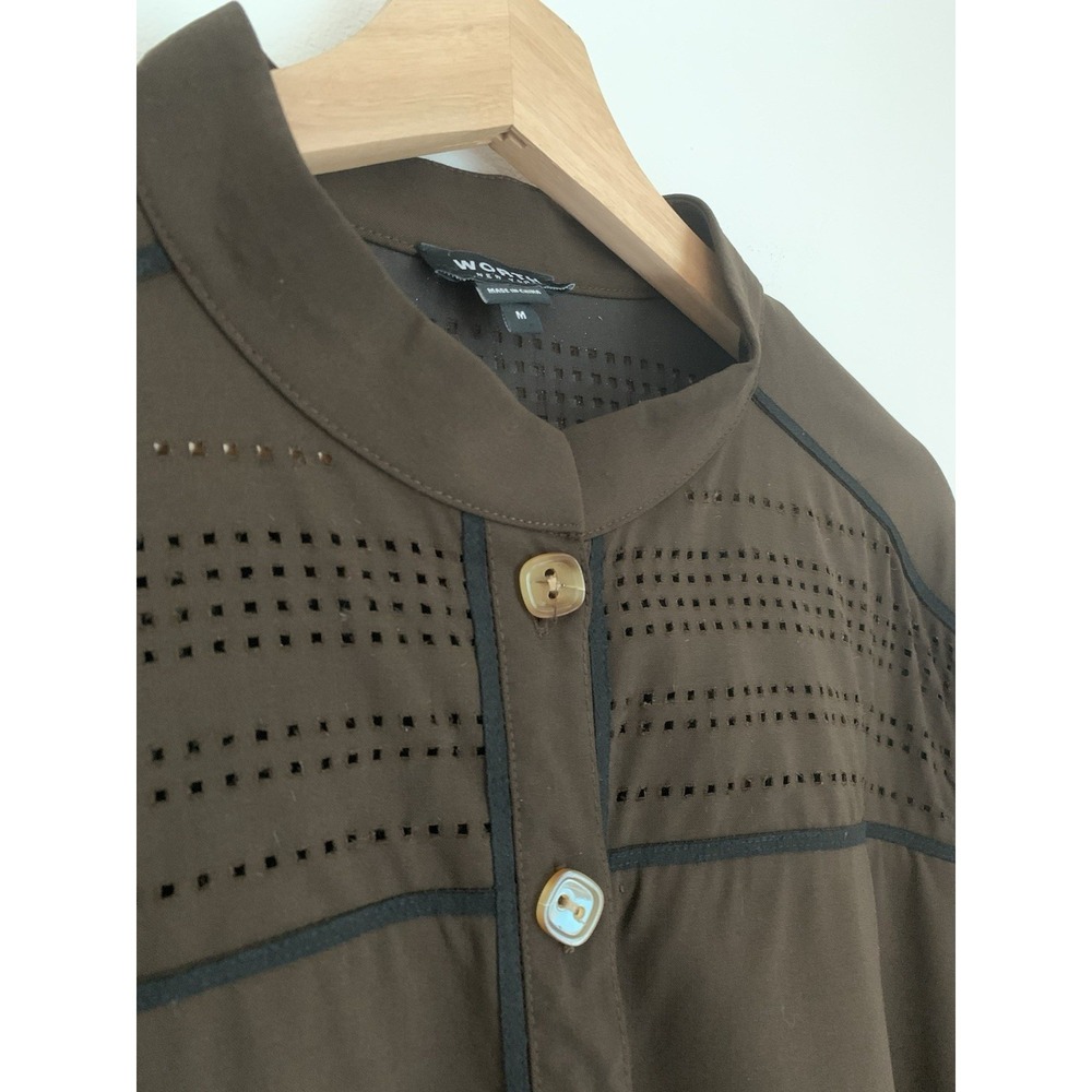 Worth New York Top Tunic Sz M Brown Perforated Tortoise Button Wool Lightweight - Picture 2 of 10